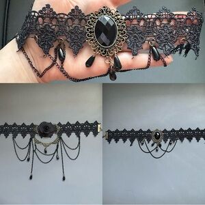 🆕🦇 Gothic Vampy Black Lace Beaded Drop Choker (2)